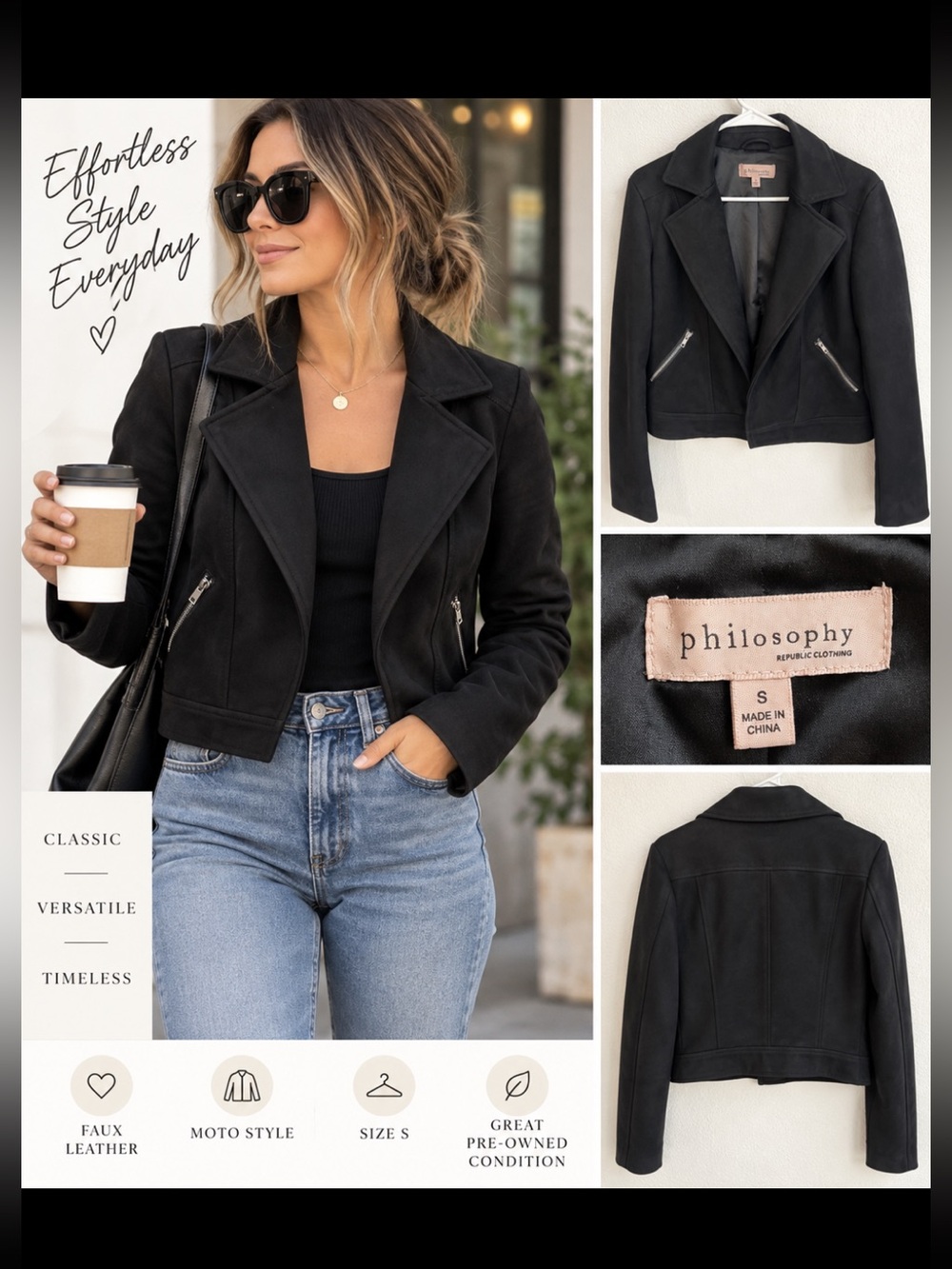 Philosophy Black Faux Leather Moto Jacket - Sleek Women’s Zip Front